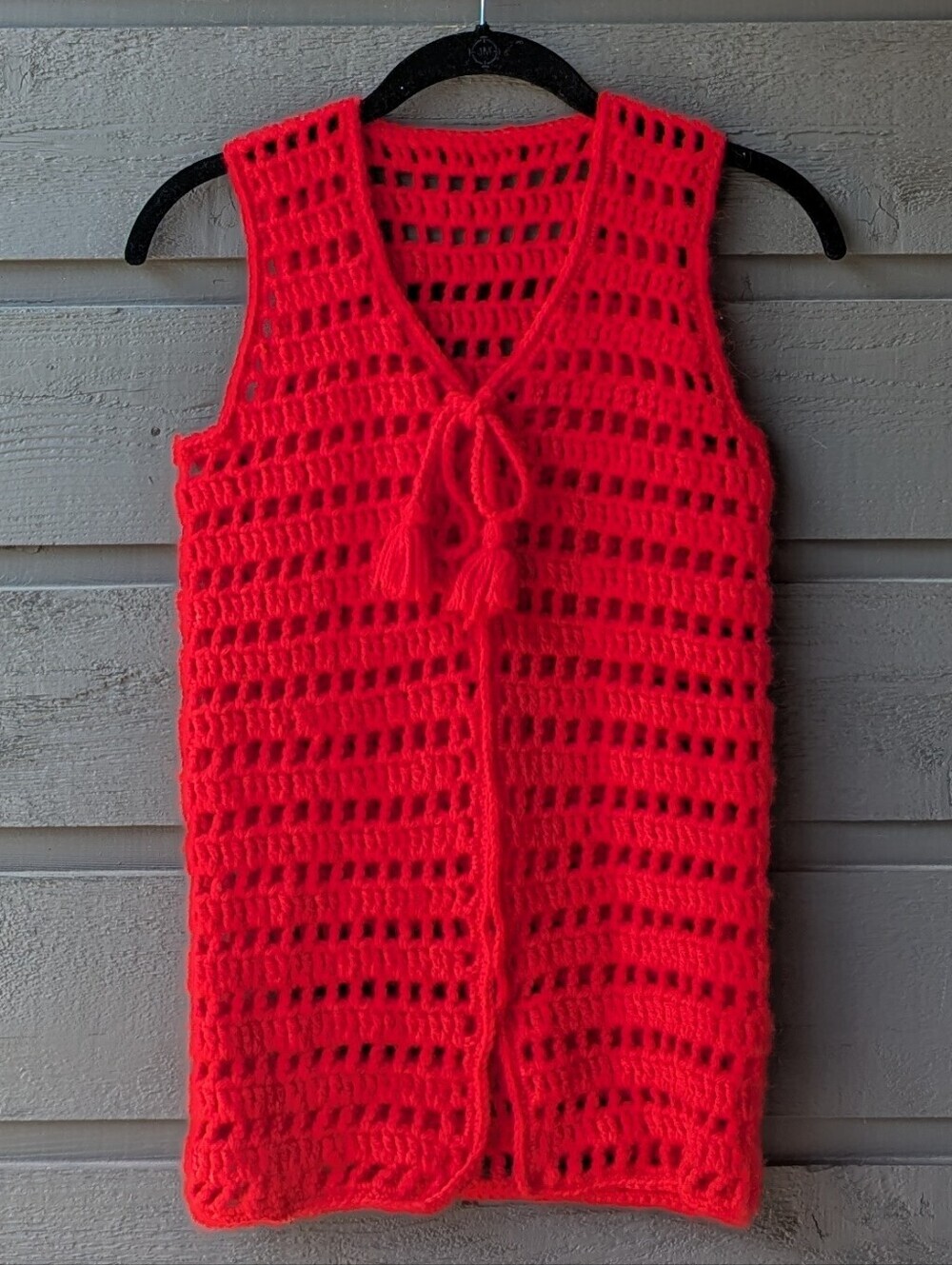 Vintage Handmade Open-Stitch Bright Red Crochet Long Line Vest Tie Front Boho